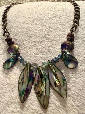 Vintage Y2K Iridescent Abalone Pendant Bib Necklace - Multicolor